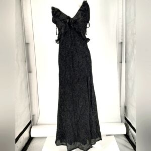 ElleJay Black Maxi Pin Dot Sonja Velvet Slit Hem Surplice Dress